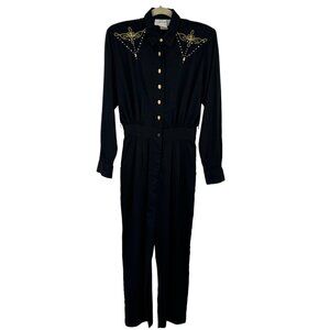 Vintage D.Frank USA Black Embellished Jumpsuit Button Front Size 6 womens